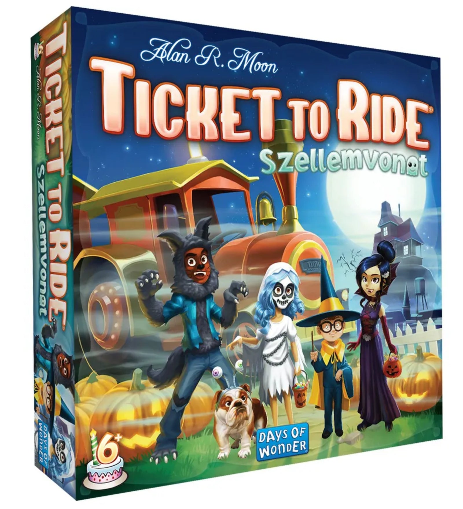 A Ticket to Ride: Szellemvonat társasjáték doboza, amelyen jelmezbe öltözött gyerekek, szellemvonat, tökök és kísérteties ház szerepel a telihold fényében.