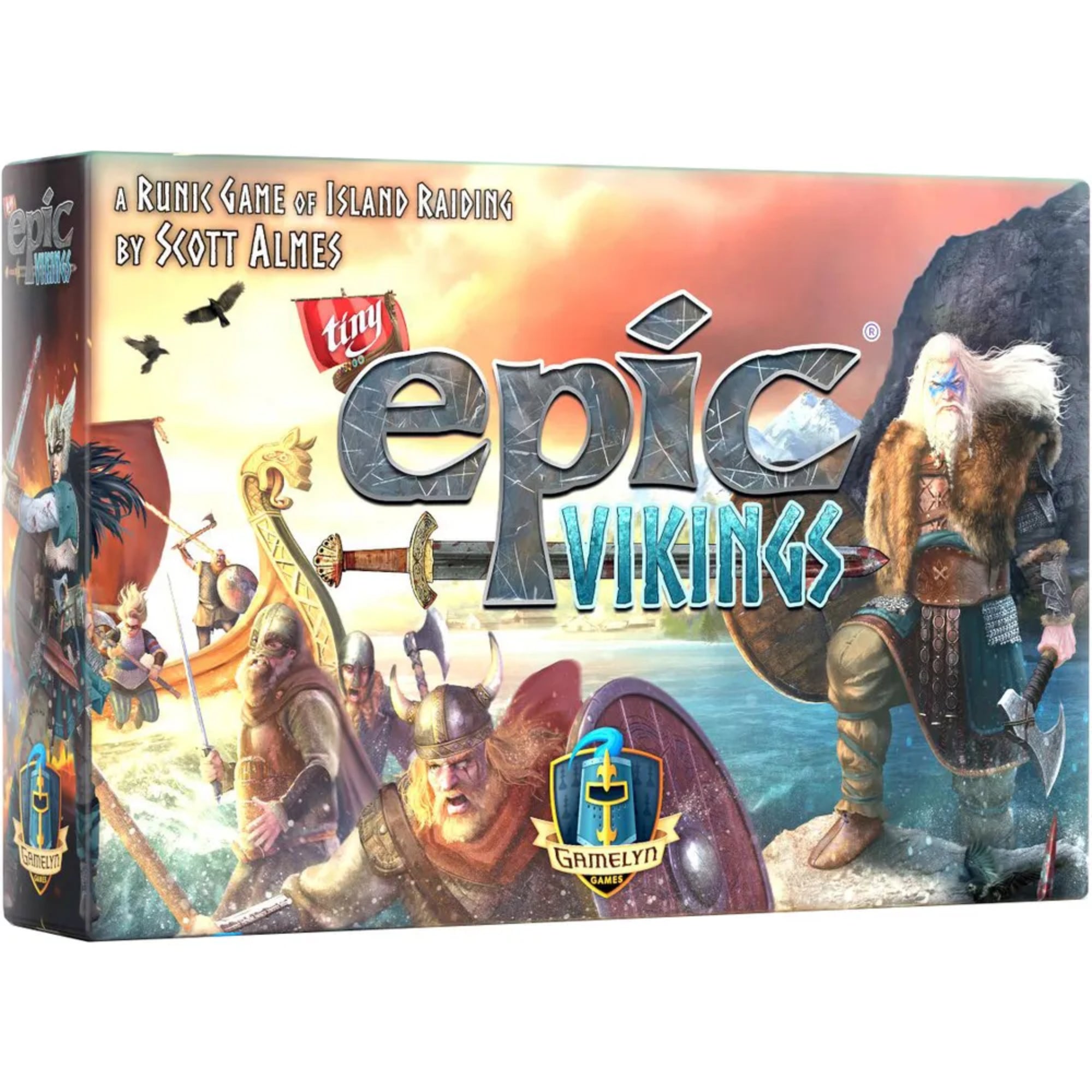  A Tiny Epic Vikings társasjáték doboza, amelyen harcias vikingek láthatók tengeri csatában, hátul egy havas hegycsúcs és vitorlások, epikus hangulatú illusztrációval.