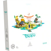 Tokaido társasjáték doboza japán tájképpel, torii kapuval és hagyományos épületekkel.