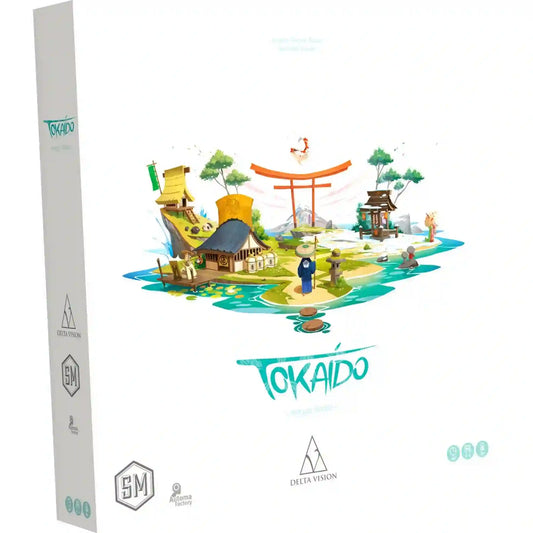 Tokaido társasjáték doboza japán tájképpel, torii kapuval és hagyományos épületekkel.