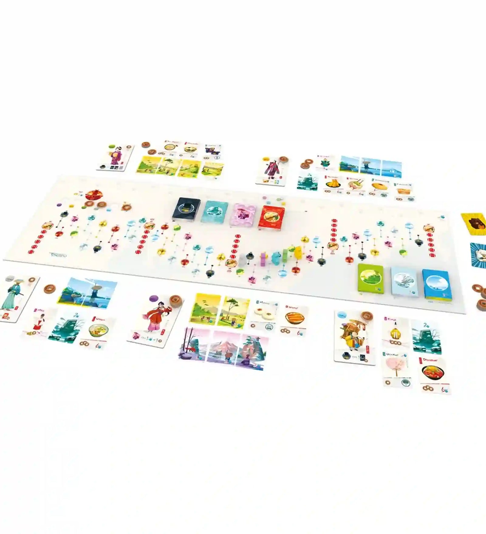 Tokaido társasjáték teljes játékkészlete, hosszú játéktáblával, kártyákkal és játékos elemekkel elrendezve.