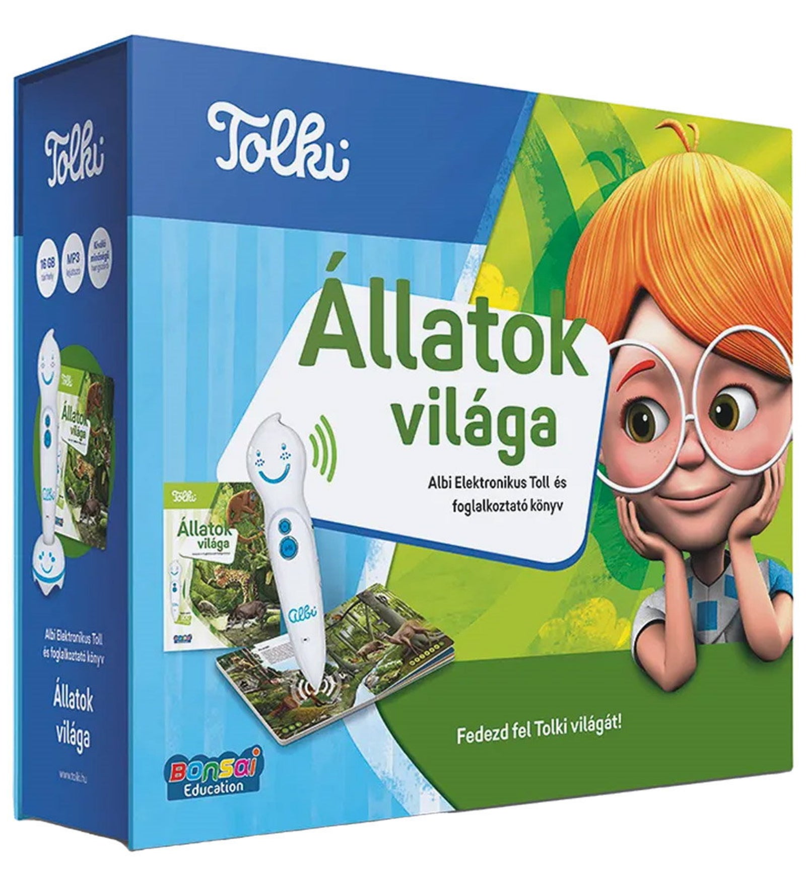 A Tolki Állatok világa szett doboza zöldes-kék háttérrel, amelyen az Albi elektronikus toll és a szett állatvilágot bemutató könyve látható. A borítón egy mosolygó vöröshajú rajzfilmfigura és dzsungelbeli állatok, például jaguár és varangyos béka jelennek meg.