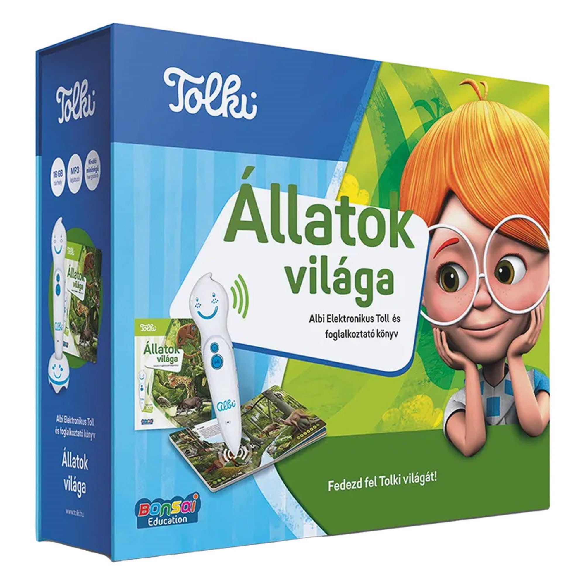 A Tolki Állatok világa szett doboza zöldes-kék háttérrel, amelyen az Albi elektronikus toll és a szett állatvilágot bemutató könyve látható. A borítón egy mosolygó vöröshajú rajzfilmfigura és dzsungelbeli állatok, például jaguár és varangyos béka jelennek meg.