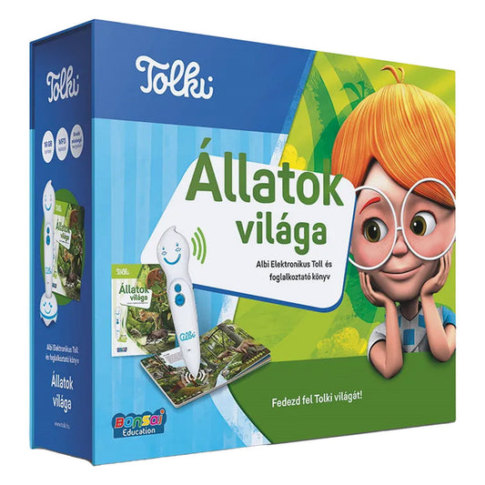 A Tolki Állatok világa szett doboza zöldes-kék háttérrel, amelyen az Albi elektronikus toll és a szett állatvilágot bemutató könyve látható. A borítón egy mosolygó vöröshajú rajzfilmfigura és dzsungelbeli állatok, például jaguár és varangyos béka jelennek meg.
