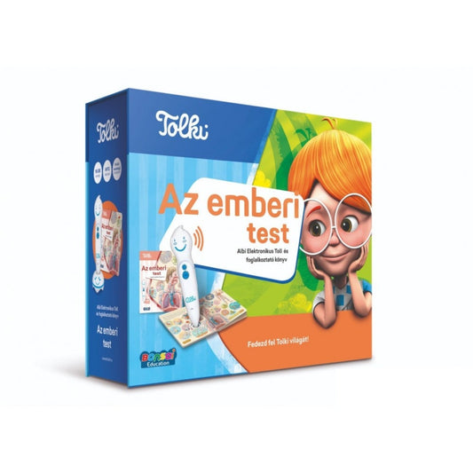 Tolki Az emberi test interaktív oktató játék doboz, gyerekbarát grafikával, beszélő tollal és anatómiai témájú könyvvel.