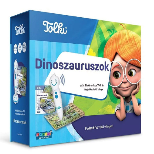 A Tolki – Dinoszauruszok szett doboza, benne a Tolki elektronikus toll, egy dinoszauruszos foglalkoztató könyv és egy szemüveges rajzfilmfigura a jobb oldalon.