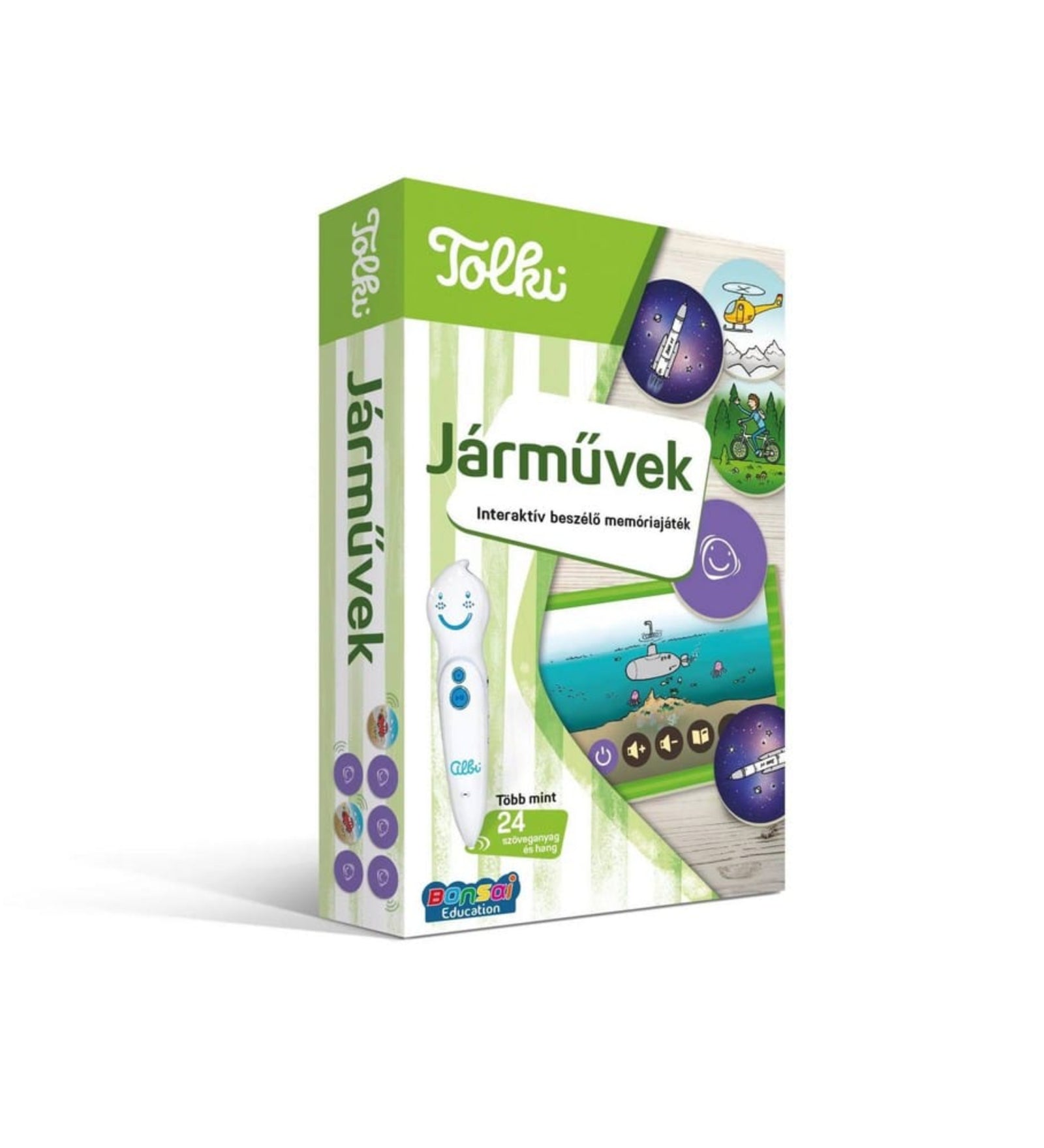 Tolki Járművek interaktív beszélő memóriajáték doboz, különböző járművek képeivel és hangot adó tollal a csomagoláson.