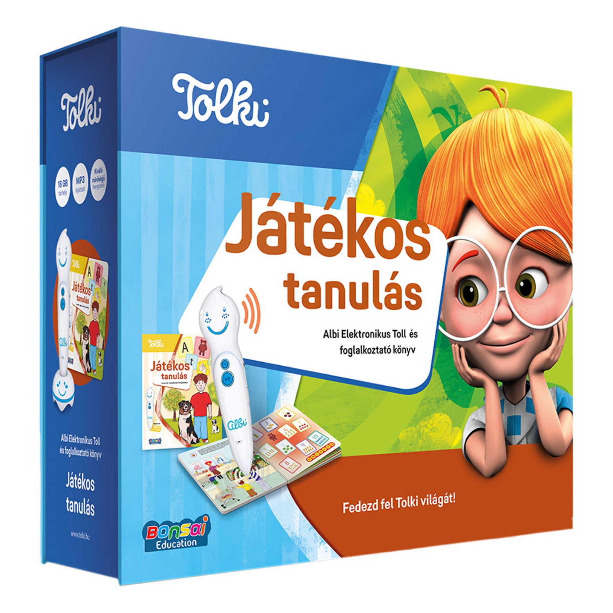 A Tolki Játékos tanulás szett doboza, rajta a mosolygó elektronikus toll, a foglalkoztató könyv és a vörös hajú figura.