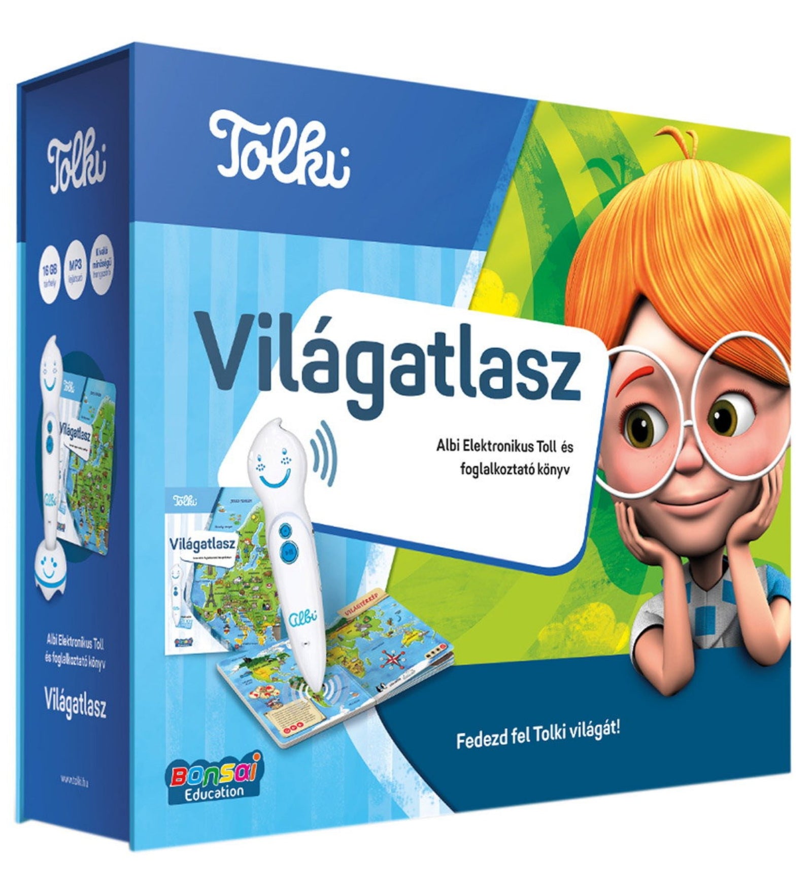 A Tolki Világatlasz szett színes doboza, melyen a hangoskönyv, az Albi elektronikus toll és egy vörös hajú, szemüveges rajzfilmfigura látható.