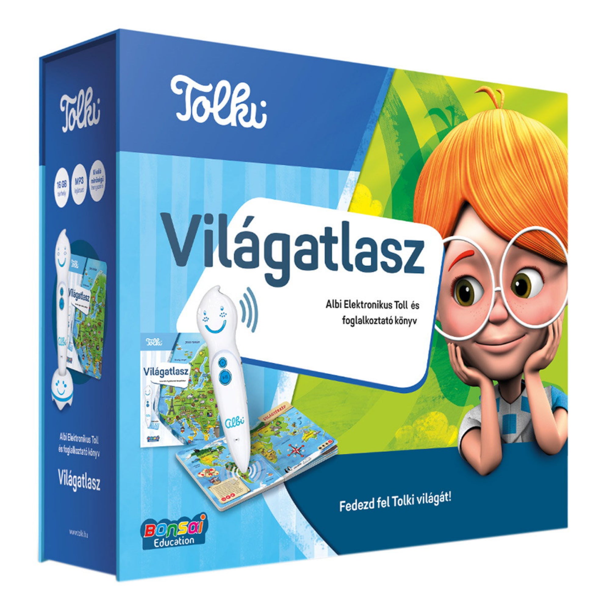 A Tolki Világatlasz szett színes doboza, melyen a hangoskönyv, az Albi elektronikus toll és egy vörös hajú, szemüveges rajzfilmfigura látható.
