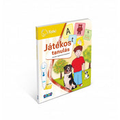 Tolki Játékos tanulás interaktív foglalkoztató könyv borító, kisfiú két kutyával, betűk és számok illusztrációival, világos háttér előtt.