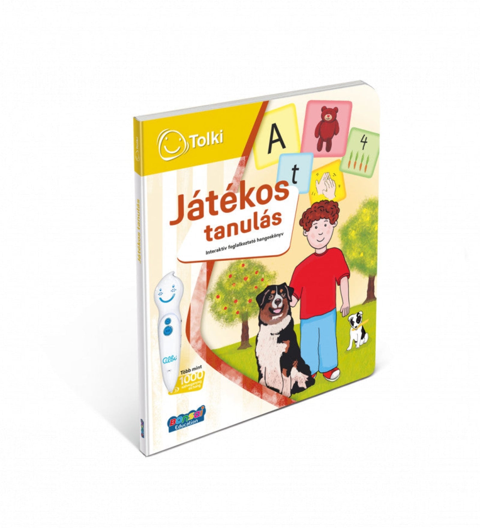 Tolki Játékos tanulás interaktív foglalkoztató könyv borító, kisfiú két kutyával, betűk és számok illusztrációival, világos háttér előtt.