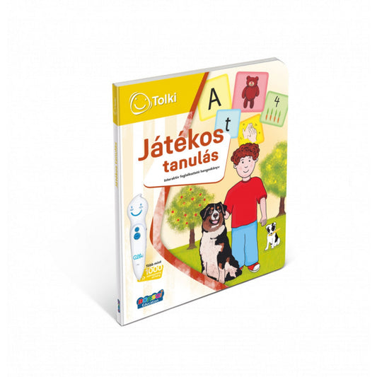 Tolki Játékos tanulás interaktív foglalkoztató könyv borító, kisfiú két kutyával, betűk és számok illusztrációival, világos háttér előtt.