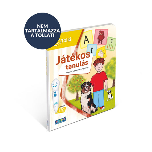 Tolki Játékos tanulás interaktív könyv borító, kisfiú kutyákkal és betűkártyákkal, valamint „Nem tartalmazza a tollat” felirat a képen.