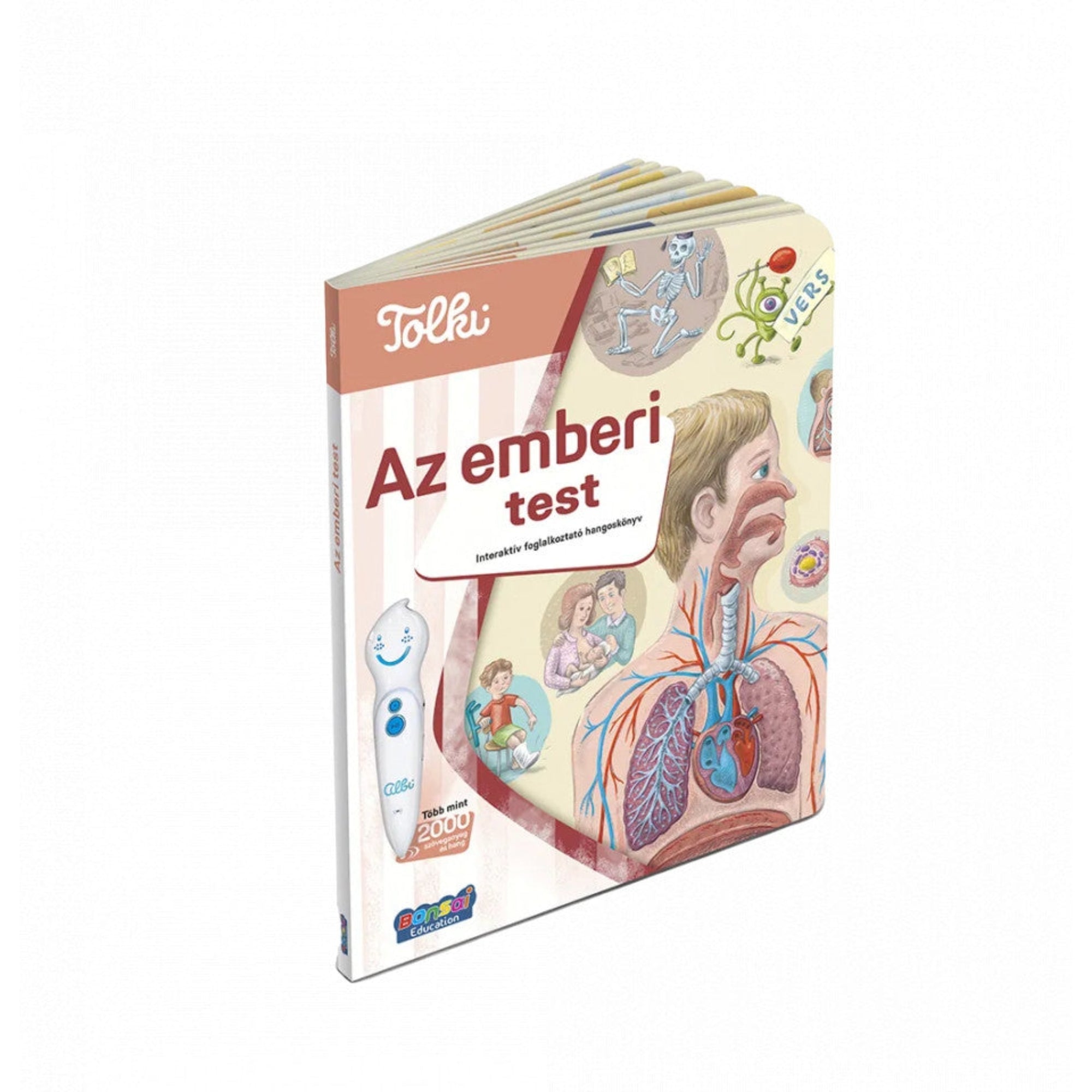 Tolki Az emberi test interaktív foglalkoztató könyv borító, emberi test felépítését bemutató rajzokkal, tüdő és szív illusztrációval.