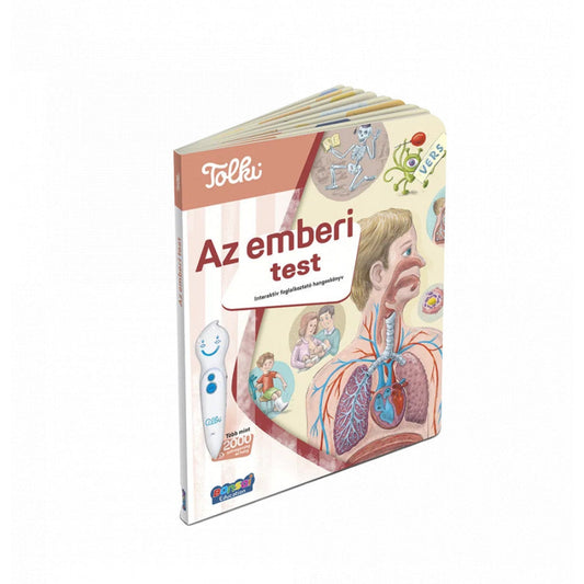 Tolki Az emberi test interaktív foglalkoztató könyv borító, emberi test felépítését bemutató rajzokkal, tüdő és szív illusztrációval.