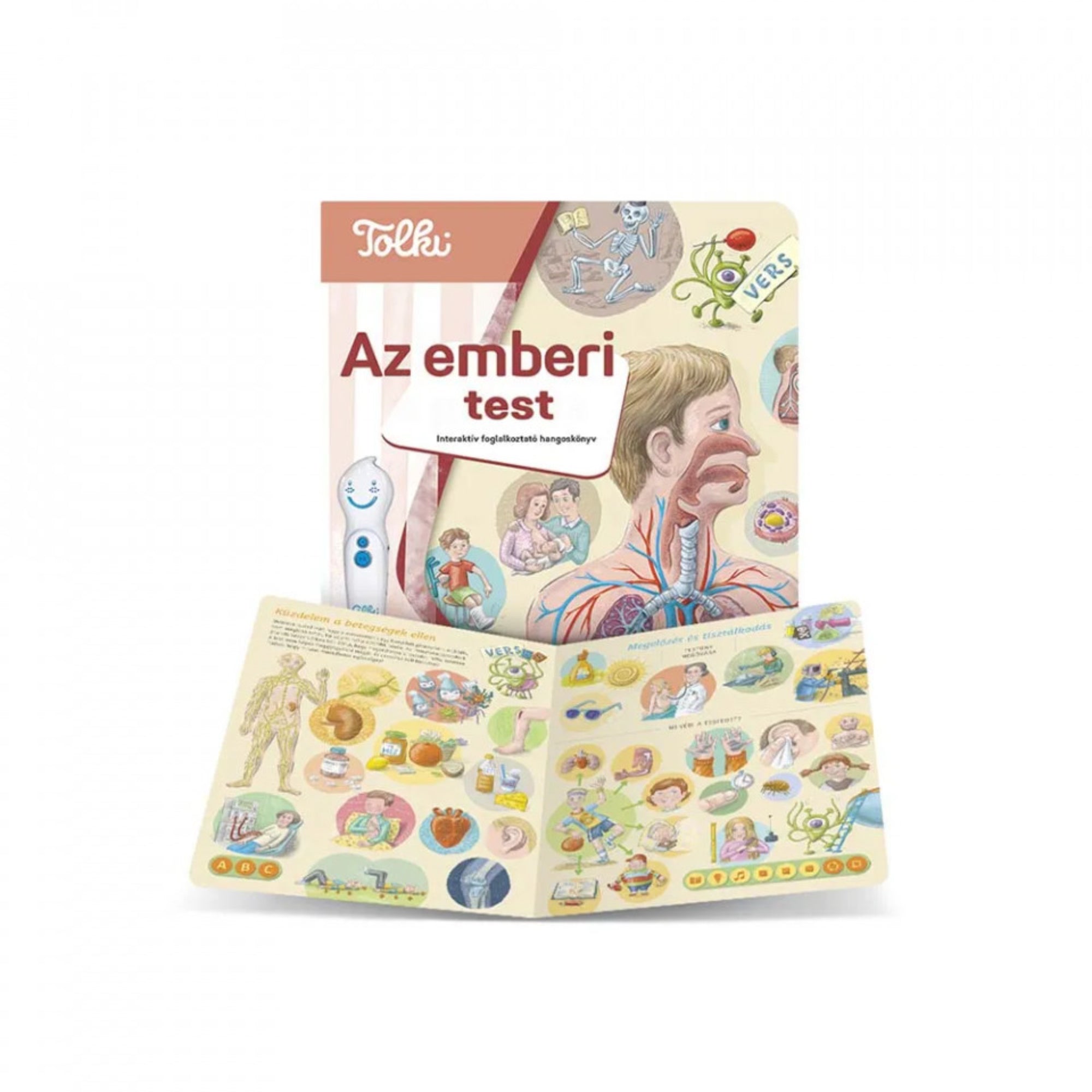 Tolki Az emberi test interaktív könyv nyitott állapotban, emberi szervek, csontváz és egészség témájú illusztrációkkal, oktató jellegű oldalpárral.