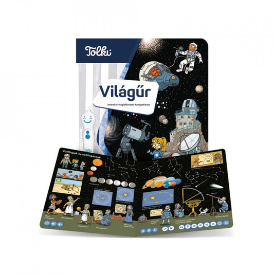 Tolki Világűr interaktív foglalkoztató könyv nyitott állapotban, csillagok, bolygók és csillagképek bemutatásával, oktató jellegű illusztrációkkal.