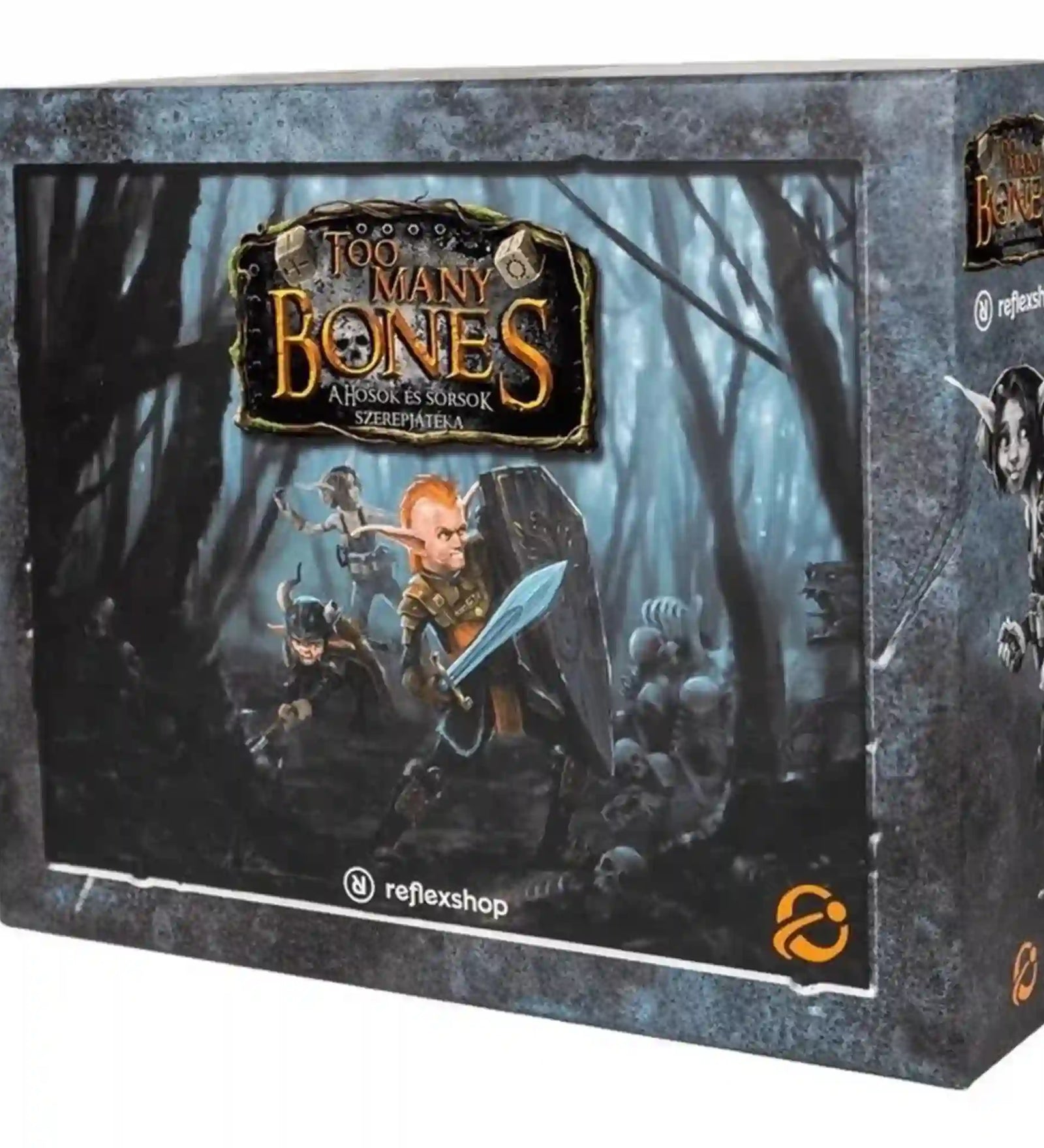 A Too Many Bones – A hősök és sorsok szerepjátéka társasjáték doboza látható, amely sötét fantasy hangulatú erdőben kalandozó hősöket ábrázol. A borító a játék epikus kalandjait és taktikai szerepjátékos világát idézi meg