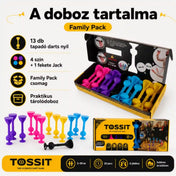 Tossit Family Pack pink, lila, kék és sárga szilikon tapadókorongos darts játék – a csomag tartalma 13 tapadó darts nyíllal, 4 játékosszínnel és 1 fekete Jack célponttal, praktikus tárolódobozban