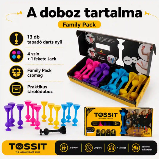 Tossit Family Pack pink, lila, kék és sárga szilikon tapadókorongos darts játék – a csomag tartalma 13 tapadó darts nyíllal, 4 játékosszínnel és 1 fekete Jack célponttal, praktikus tárolódobozban