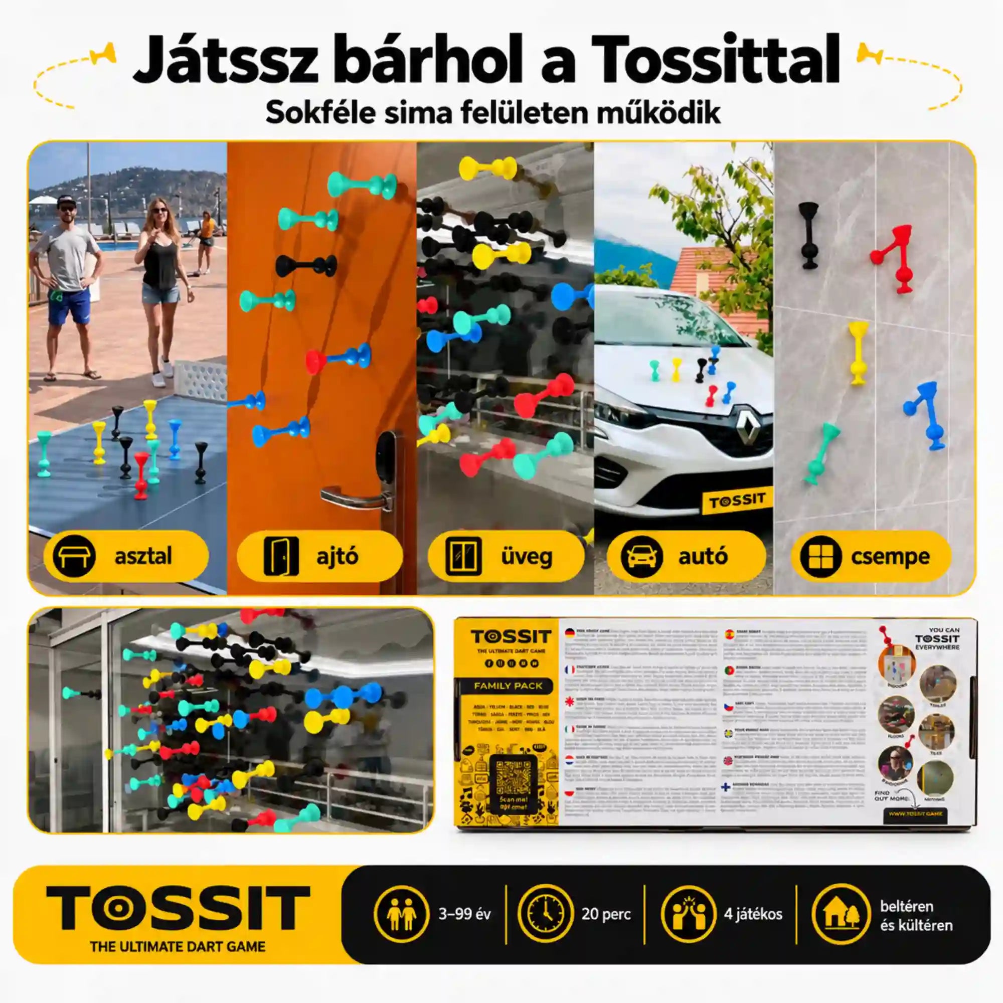 Tossit Family Pack piros, türkiz, kék és sárga szilikon tapadókorongos darts játék – játék különböző sima felületeken, például asztalon, ajtón, üvegen, autón és csempén, beltéren és kültéren