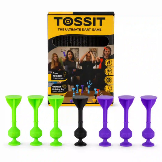 Tossit Starter Pack lila és zöld szilikon tapadókorongos darts játék – 3 zöld, 3 lila Tossit nyíl és 1 fekete Jack célpont az eredeti Tossit doboz előtt