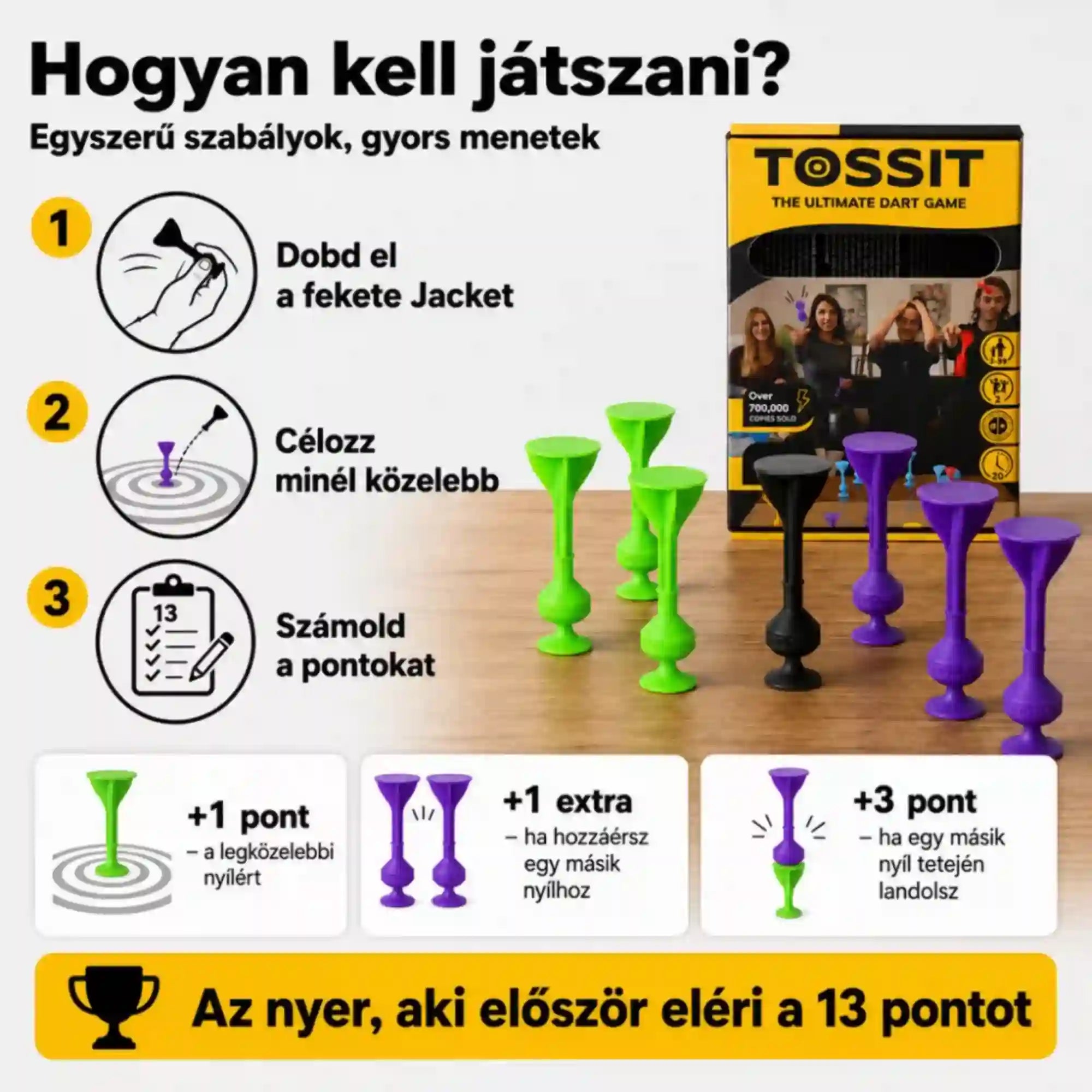 Tossit Starter Pack lila és zöld tapadókorongos darts játék – játékszabályok és pontozás bemutatása, célzás a fekete Jack közelébe és játék 13 pontig