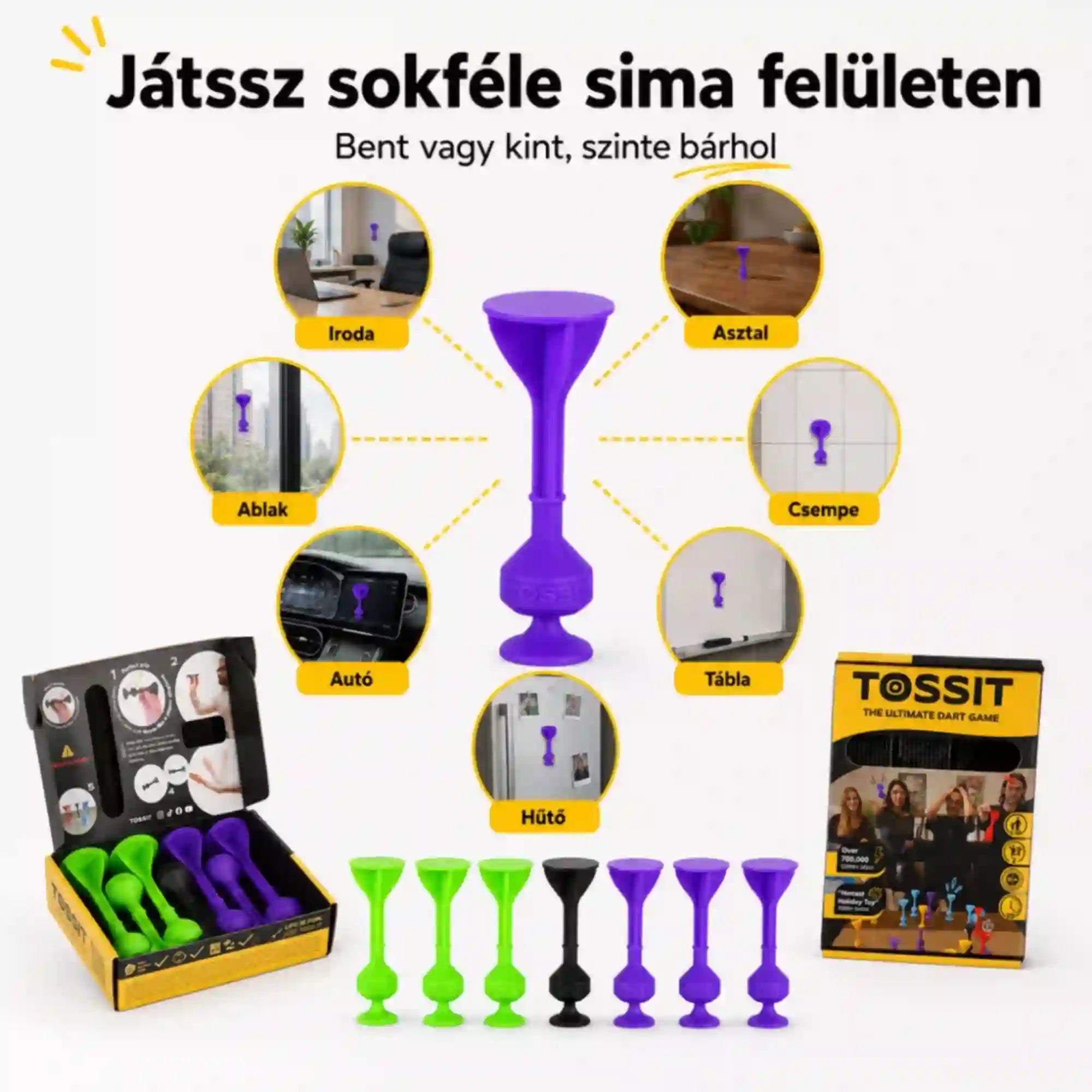Tossit Starter Pack lila és zöld tapadókorongos darts játék – sima felületeken, például asztalon, ablakon, csempén, táblán, hűtőn és autóban is használható Tossit nyilak