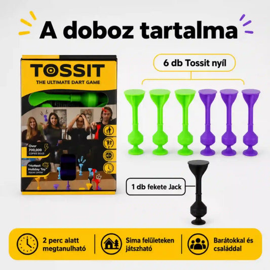 Tossit Starter Pack lila és zöld szilikon tapadókorongos darts játék – a doboz tartalma 6 Tossit nyíllal, 3 zöld és 3 lila nyíllal, valamint 1 fekete Jack célponttal