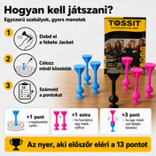 Tossit Starter Pack pink és kék szilikon tapadókorongos darts játék – játékszabályok és pontozás bemutatása, célzás a fekete Jack közelébe, extra pontok és játék 13 pontig