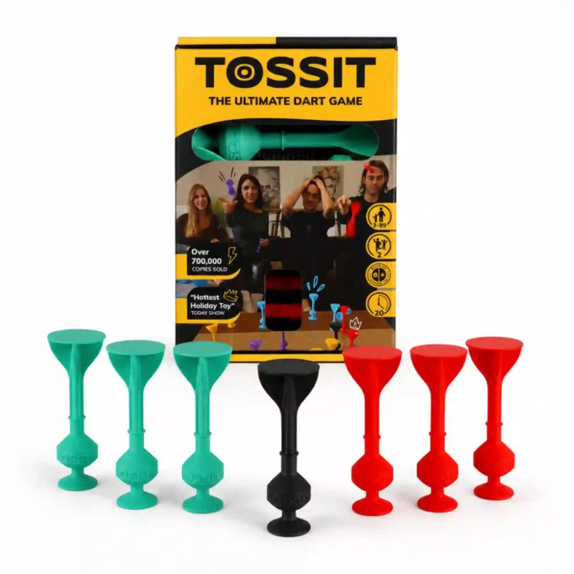 Tossit Starter Pack piros és türkiz szilikon tapadókorongos darts játék – 6 színes Tossit nyíl, fekete Jack célpont és eredeti Tossit doboz