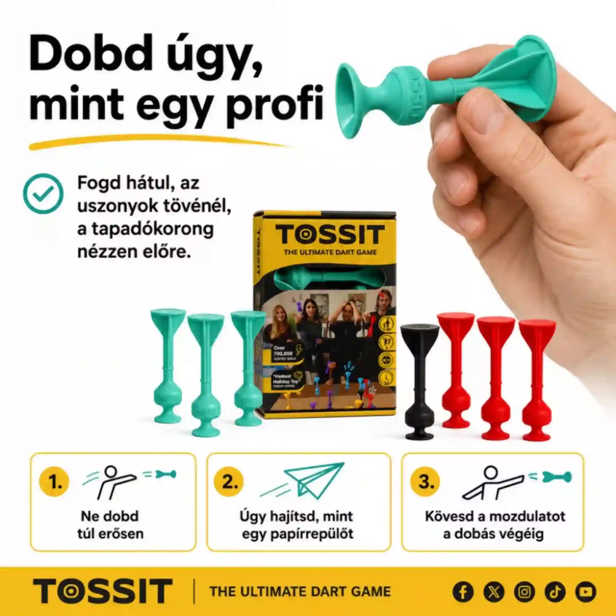 Tossit Starter Pack piros és türkiz szilikon tapadókorongos darts játék – a nyíl helyes fogásának és dobási technikájának képes bemutatása, papírrepülőhöz hasonló dobómozdulattal