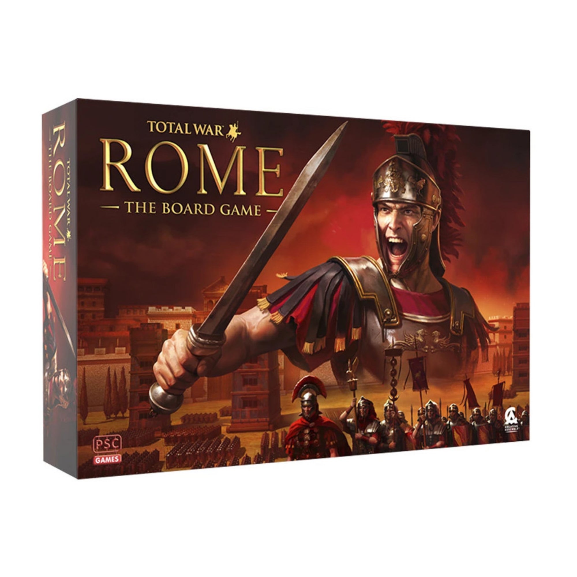 A Total War: ROME - The Board Game dobozának háromdimenziós nézete. A borítón egy elszánt római harcos látható kardját magasba emelve, mögötte egy ókori római város és egy katonai sereg. A kép dinamikus és epikus hangulatot áraszt, visszaadva a játék stratégiai és történelmi témáját. A doboz bal alsó sarkában a kiadó, PSC Games logója látható.