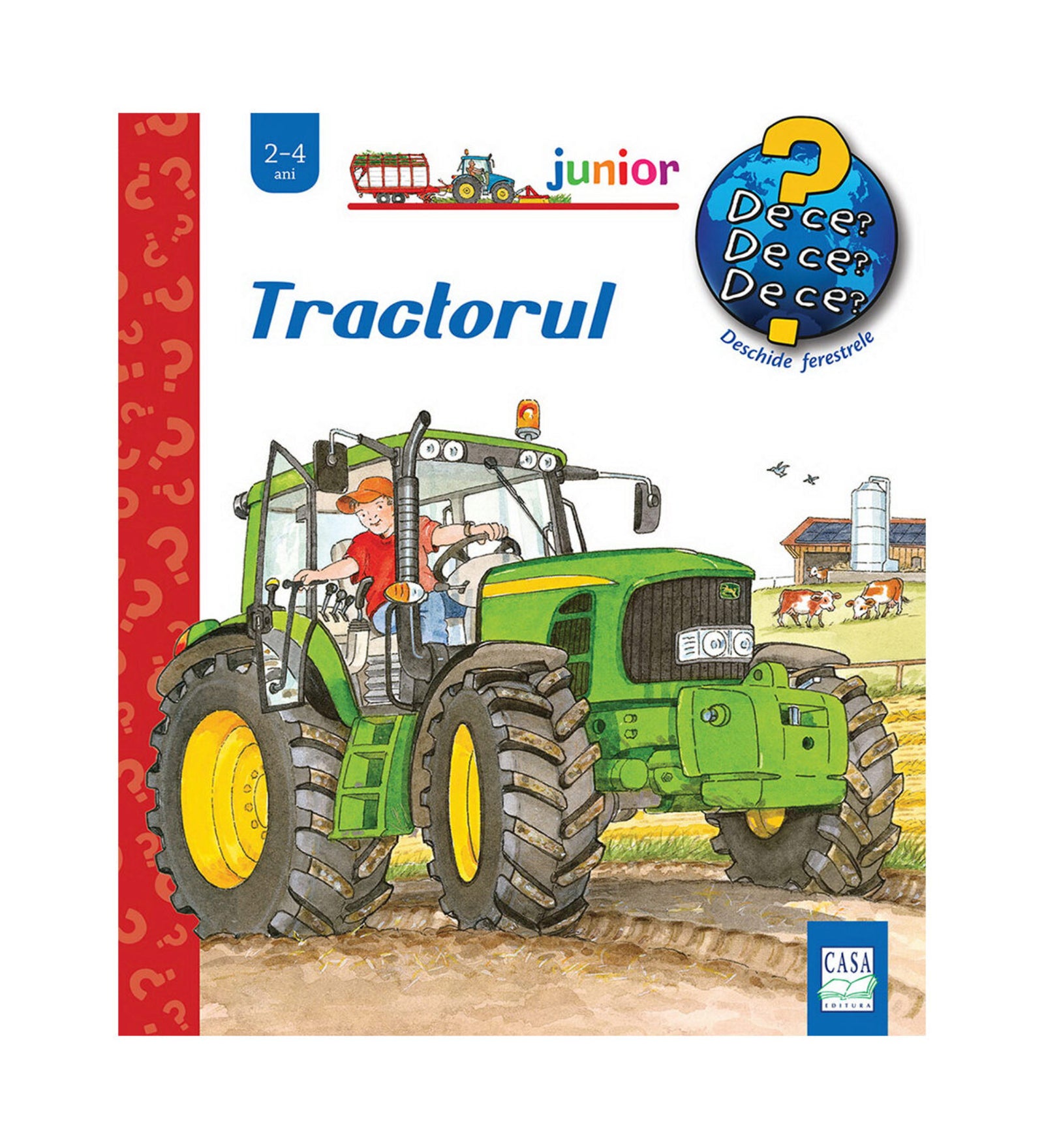Tractorul – gyerekkönyv borító, amelyen egy gazda zöld traktort vezet a földeken, háttérben tehenek, farmépület és siló látható.