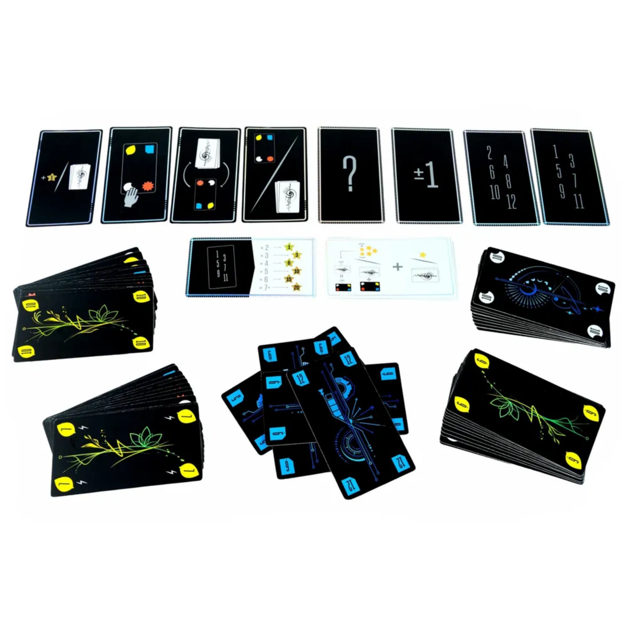 Tricky Twist kártyajáték asztali elrendezése különböző paklikkal és akciólapokkal