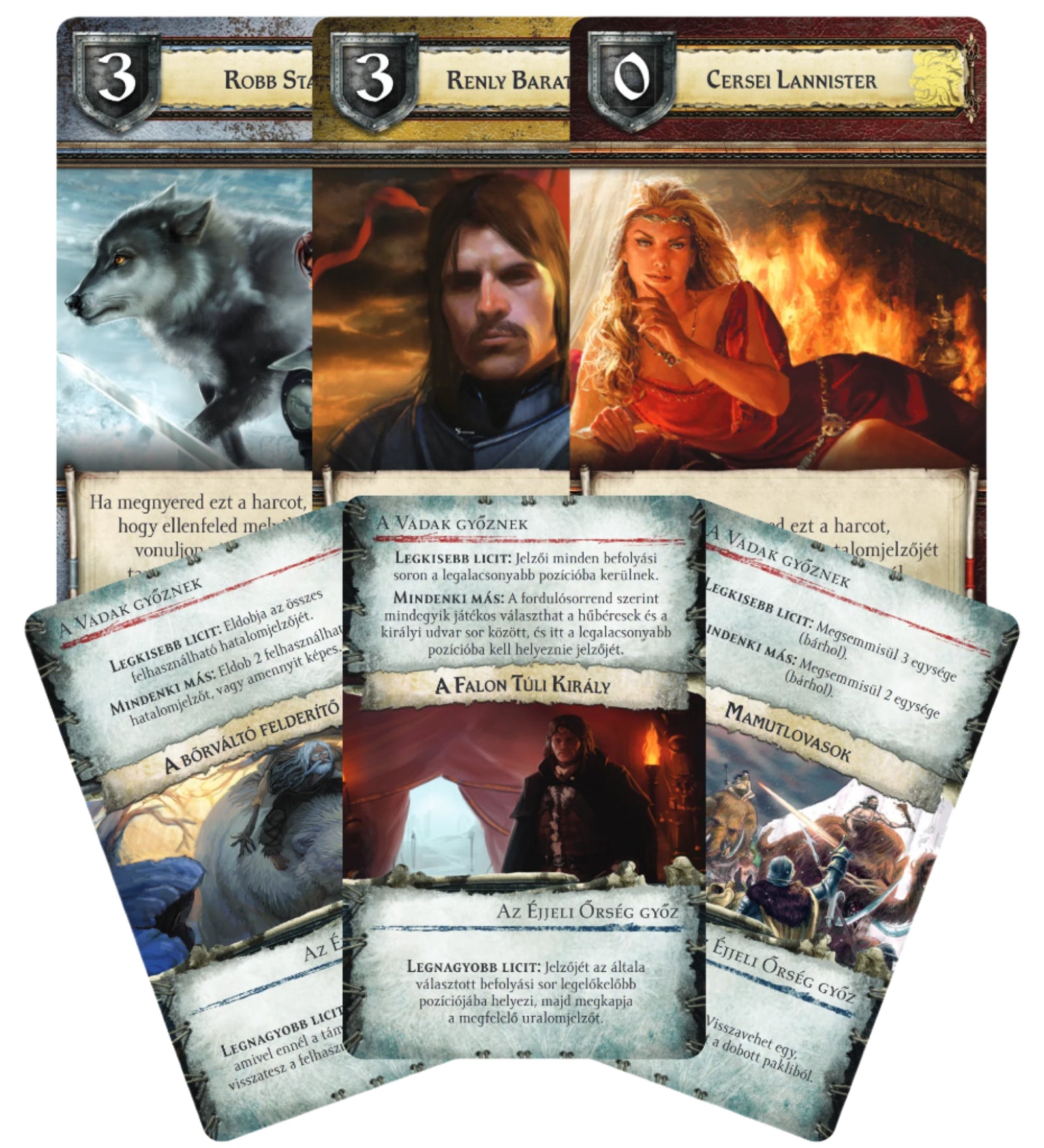 Trónok harca társasjáték karakter- és eseménykártyák – A társasjáték karakterkártyái, többek között Robb Stark, Renly Baratheon és Cersei Lannister portréival. Az eseménykártyák különböző játékszabályokat és fordulatokat tartalmaznak, amelyek befolyásolják a játék menetét.
