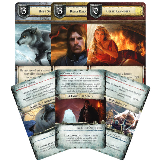 Trónok harca társasjáték karakter- és eseménykártyák – A társasjáték karakterkártyái, többek között Robb Stark, Renly Baratheon és Cersei Lannister portréival. Az eseménykártyák különböző játékszabályokat és fordulatokat tartalmaznak, amelyek befolyásolják a játék menetét.