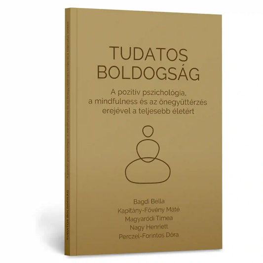 Tudatos boldogság könyv bézs színű borítóval, minimalista meditáló alak illusztrációjával, fehér háttér előtt.