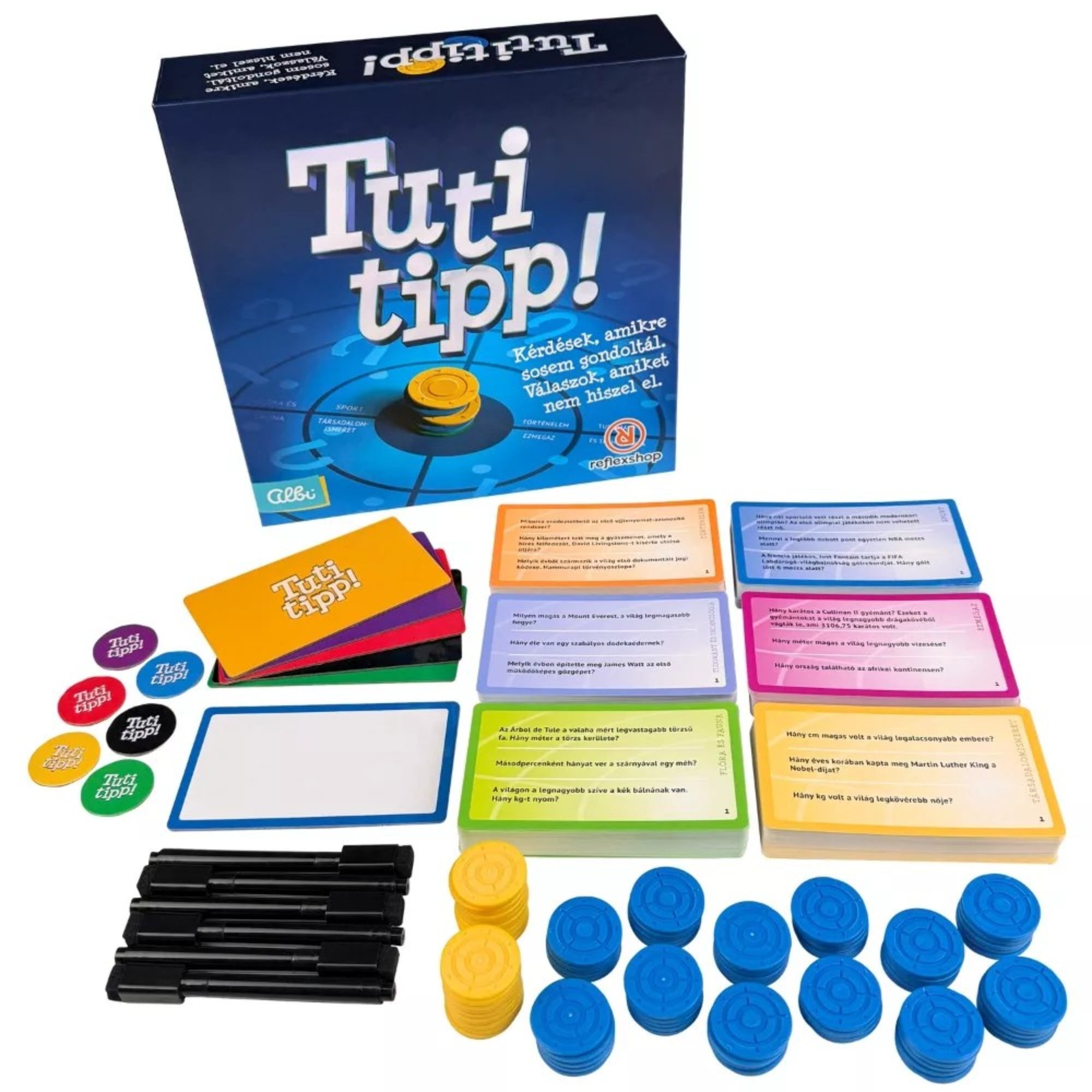 Tuti tipp! társasjáték teljes tartalma: doboz, kérdéskártyák, zsetonok, filcek és jegyzetlapok elrendezve