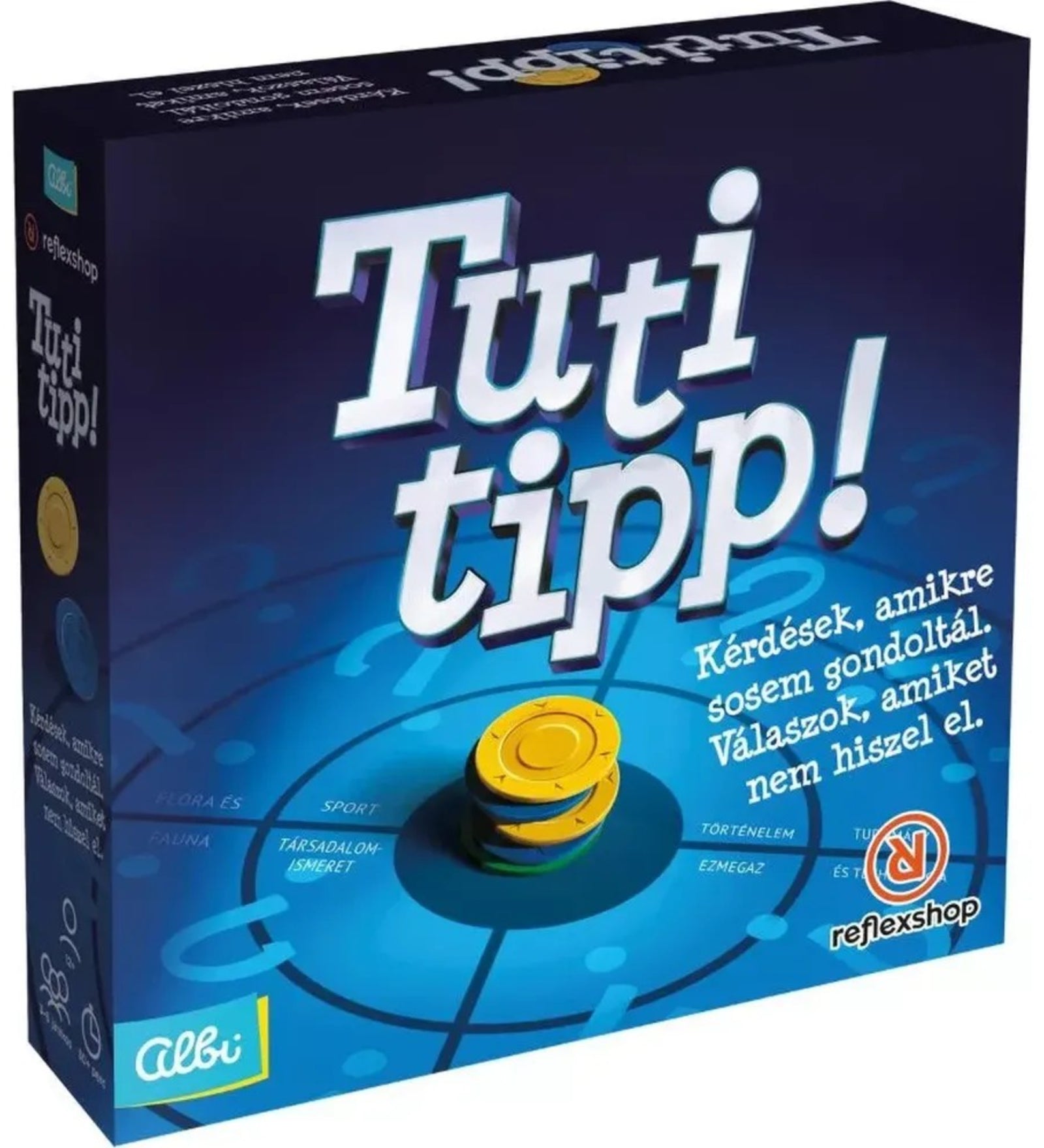 Tuti tipp! társasjáték doboza elölről, kvíz témájú grafikával és pontozó zseton illusztrációval