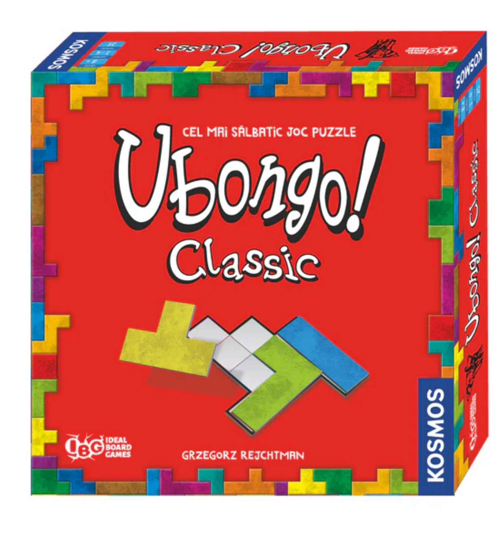 Ubongo Classic társasjáték román nyelvű doboza, élénkpiros háttérrel, színes puzzle-elemekkel díszítve, rajta a felirat: 'Ubongo! Classic – A legvadabb kirakós játék'.