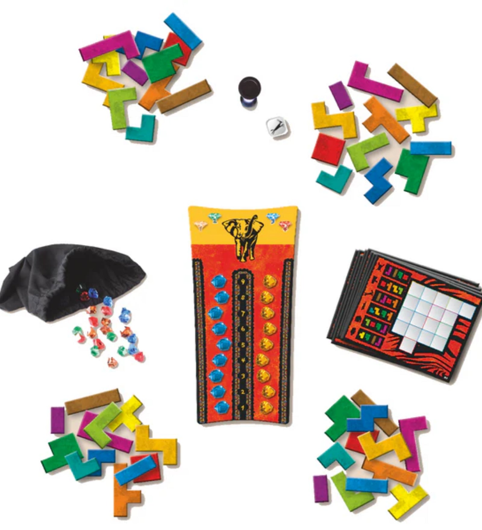 Ubongo Classic társasjáték alkatrészei, színes puzzle-elemekkel, drágakövekkel, fekete húzózsákkal, feladatkártyákkal és játéktáblával