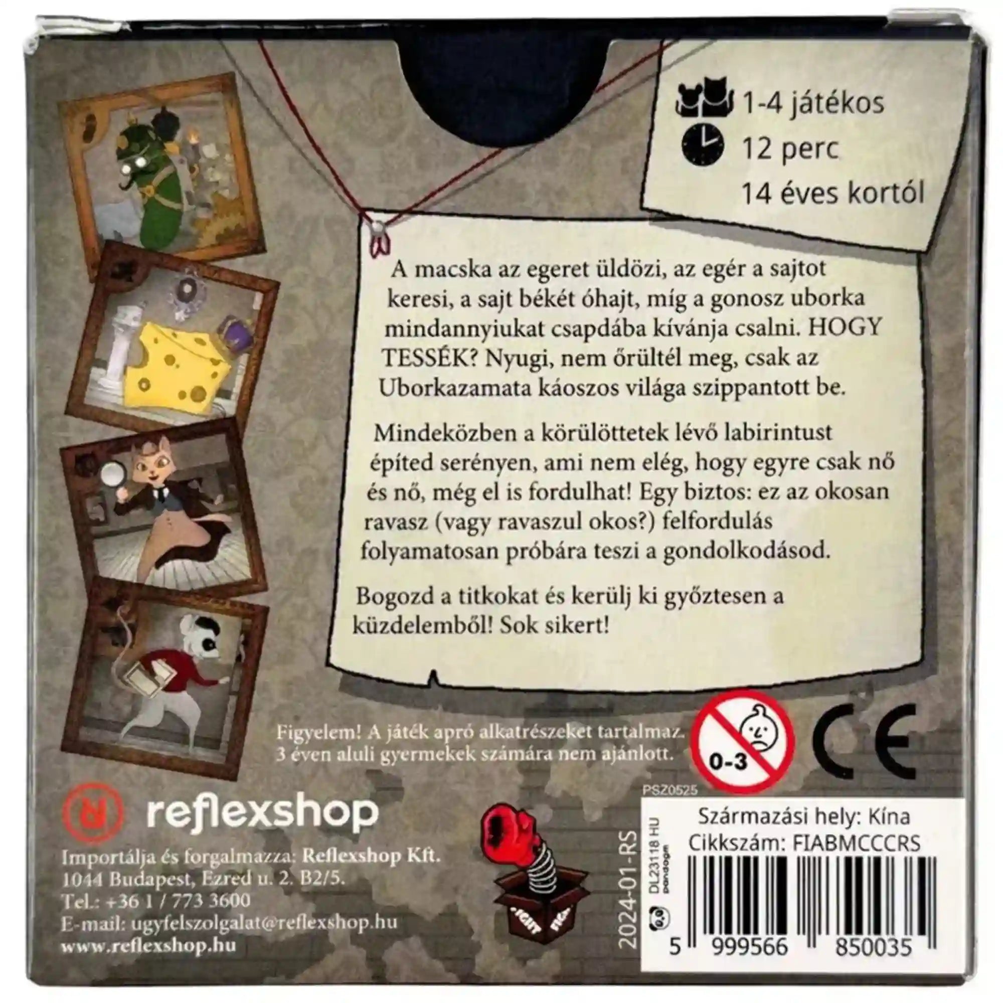 Az Uborkazamata társasjáték hátoldala látható a játék leírásával, alapadataival és a játékmenet rövid ismertetésével.