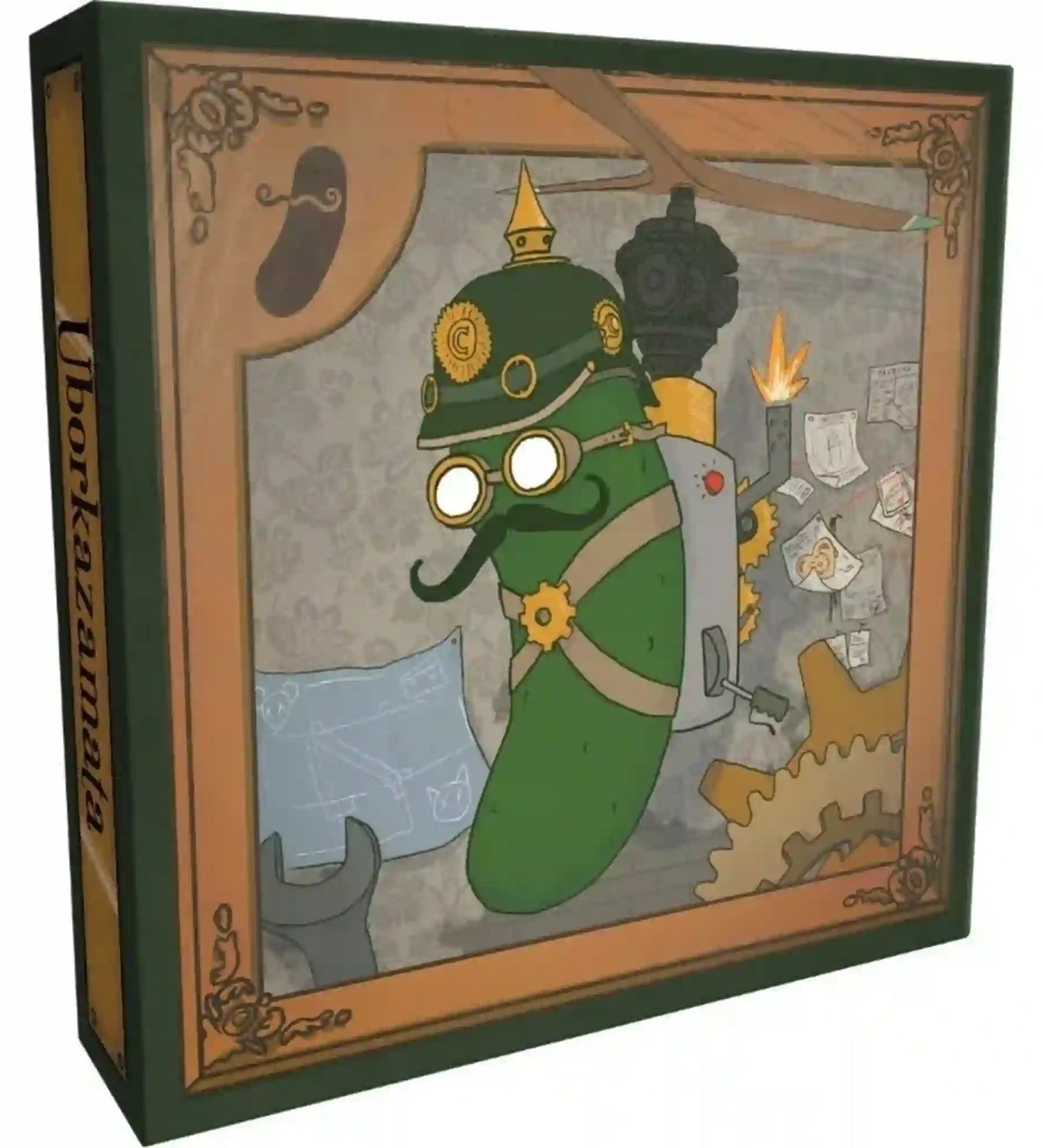 Az Uborkazamata társasjáték egyik karakterdoboza látható, amelyen a steampunk stílusú gonosz uborka feltaláló szerepel különleges szerkezetével.