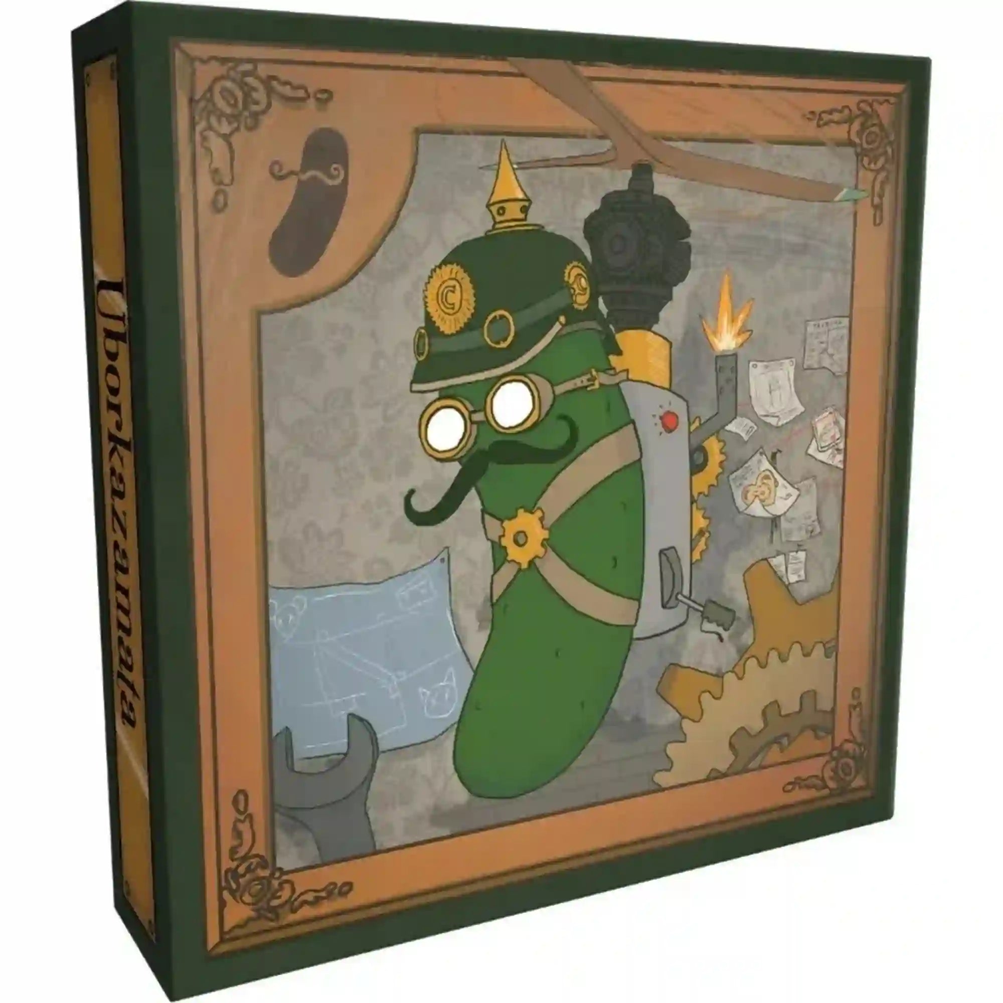 Az Uborkazamata társasjáték egyik karakterdoboza látható, amelyen a steampunk stílusú gonosz uborka feltaláló szerepel különleges szerkezetével.