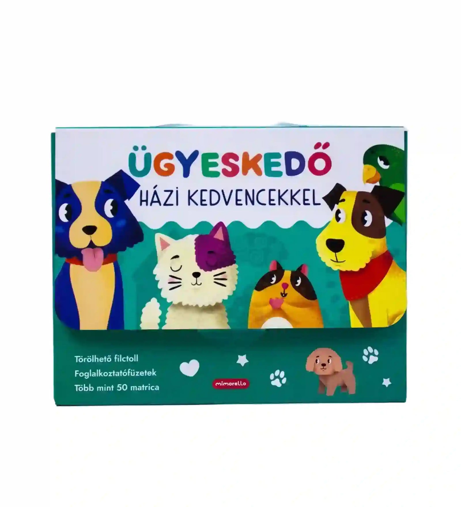 Ügyeskedő házi kedvencekkel foglalkoztató készlet doboza kutyás, cicás és egyéb házi kedvences grafikával fehér háttéren.