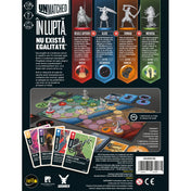 Unmatched – Batalia Legendelor Volumul 1 társasjáték doboz hátoldala, a négy játszható hőssel, segítőikkel, játéktáblával, figurákkal, kártyákkal és a játékmenetet bemutató grafikus áttekintéssel.