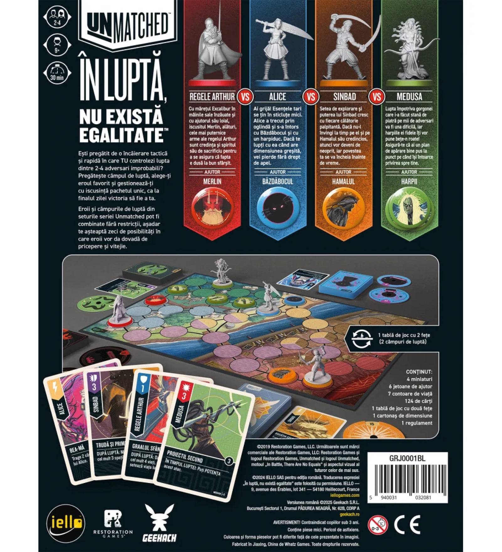 Unmatched – Batalia Legendelor Volumul 1 társasjáték doboz hátoldala, a négy játszható hőssel, segítőikkel, játéktáblával, figurákkal, kártyákkal és a játékmenetet bemutató grafikus áttekintéssel.