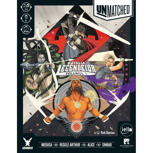 Unmatched – Batalia Legendelor Volumul 1 társasjáték doboz előlapja, látványos illusztrációval Medúzáról, Artúr királyról, Alice-ről és Szindbádról, dinamikus harci kompozícióban.
